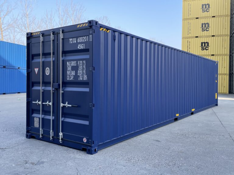 Conteneur 40 pieds High Cube RAL 5013 (bleu) avec passages de fourches –